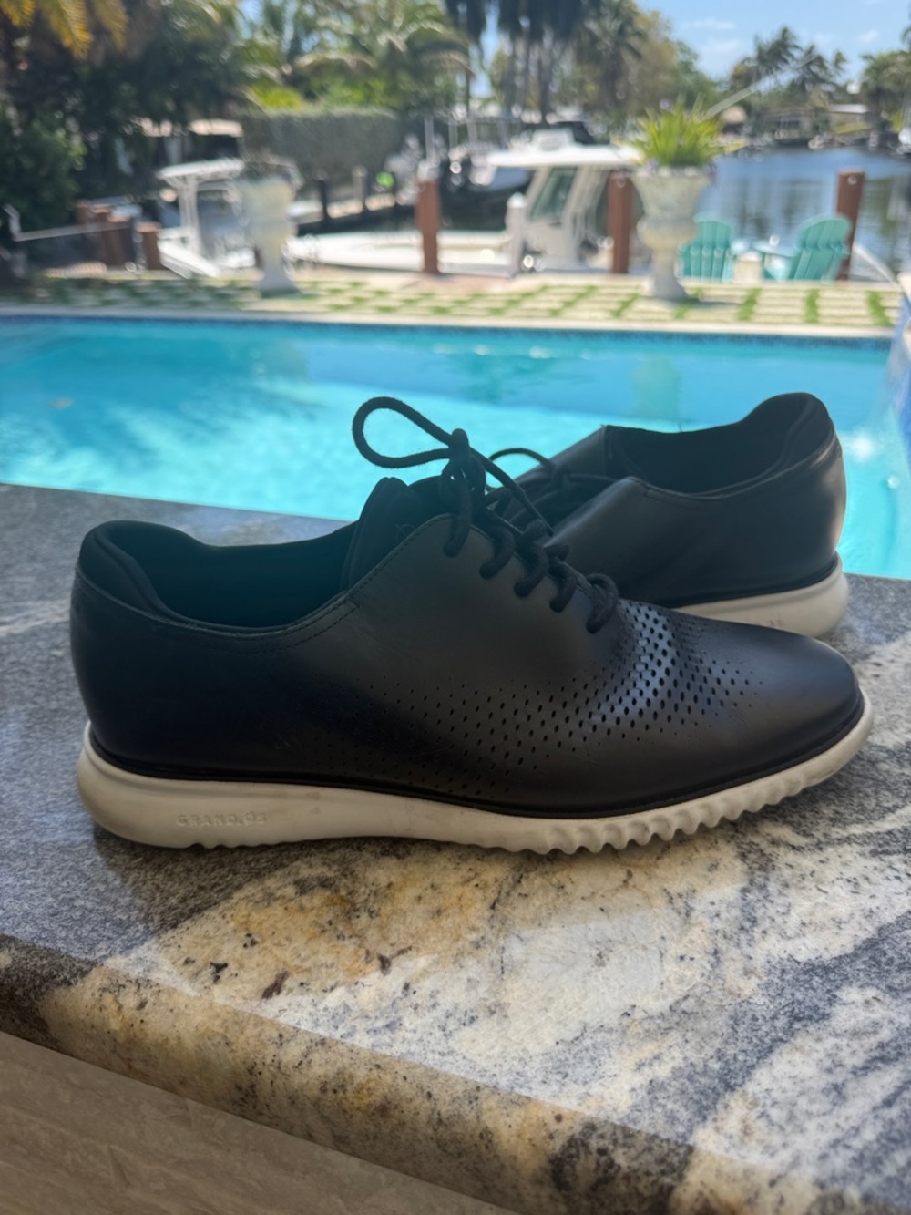 Cole Haan Black Leather Perforated Derby with White Sole